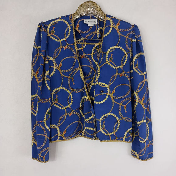 Vintage 80s Andrea Gayle Women's Blue Chain Print Top size 12 Glam - Picture 1 of 10